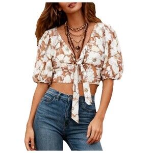 Abercrombie & Fitch Floral Puff Sleeve Tie Crop Top Brown White M Y2K Style